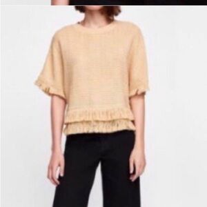 Zara. Women’s Fringe Short Sleeve Sweater Top   Size. S. Color Tan